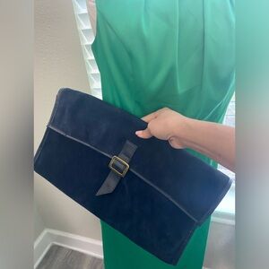 Vintage X Large Navy Suede Leather Unstructured Clutch Handbag Gold Hardware